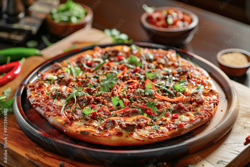 Gourmet pizza with fresh vegetables and spices Gourmet pizza with fresh vegetables and spices