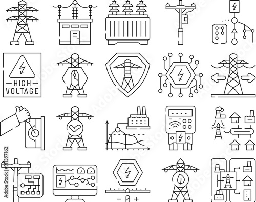 electric grid energy power icons set vector. transmission high, tower industry technology plant, pole voltage, solar, wind electric grid energy power black contour illustrations