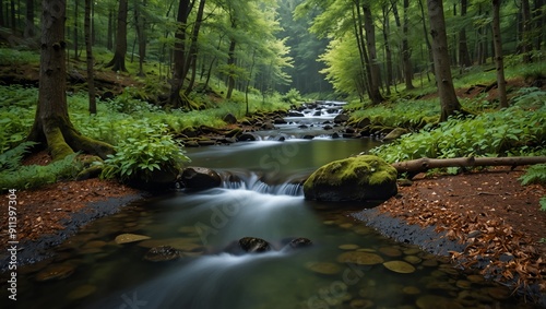 A stream flows through a lush green forest, with a small waterfall in the foreground