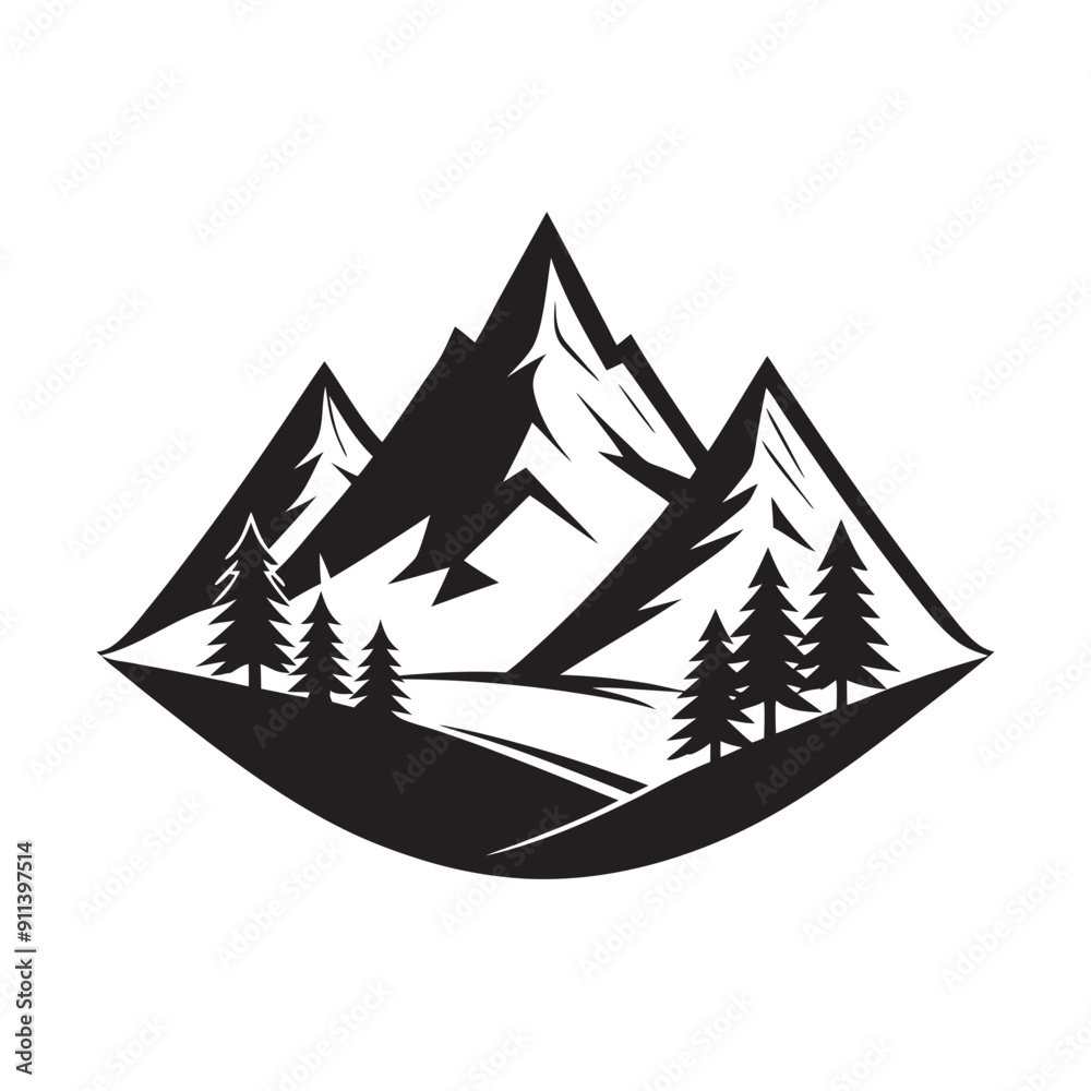 Scenic Mountain Landscape Silhouette Vector, Beautiful Mountain and Pine Trees Illustration Scenic Mountain Landscape Silhouette Vector, Beautiful Mountain and Pine Trees Illustration