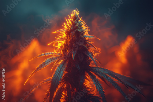 Artistic rendering of a cannabis bud with neon orange lights, creating a striking contrast with the black backdrop,