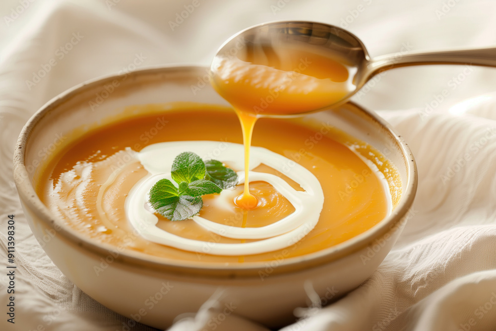 Creamy pumpkin soup with mint garnish Creamy pumpkin soup with mint garnish