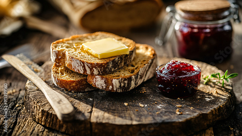 Homemade sourdough bread slices with butter and jam on a rustic wooden table photo