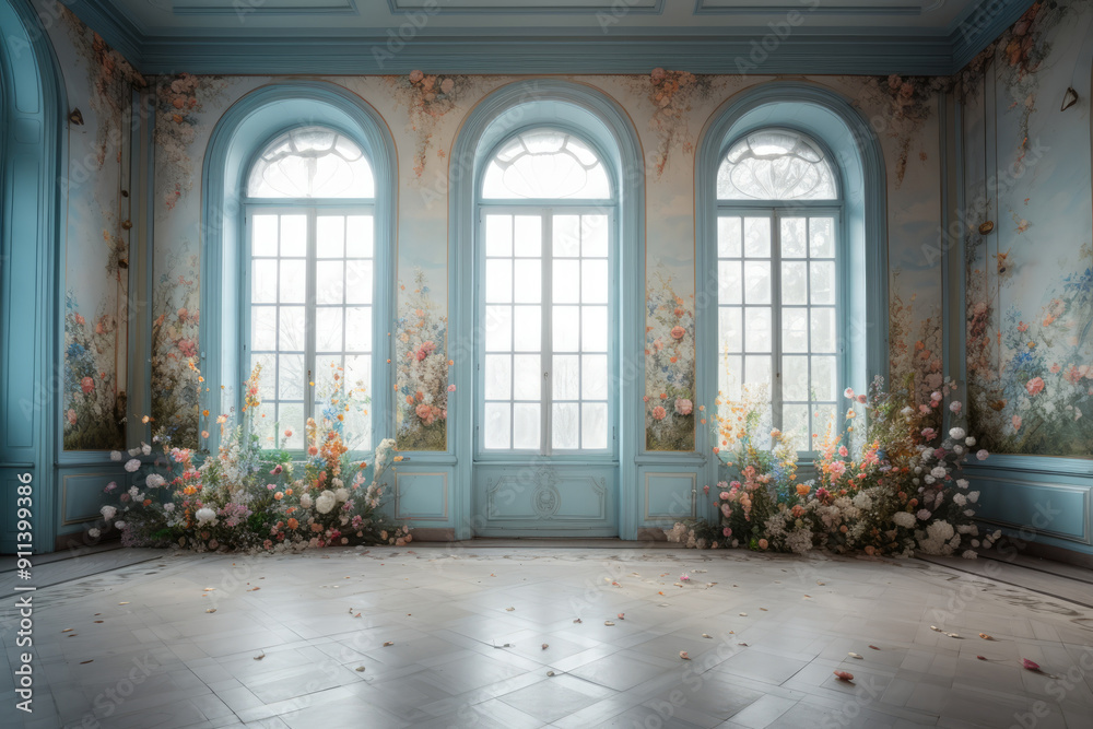 Fototapeta premium Elegant Palace Interior Featuring Luxurious Floral Decor and Exquisite Marble Flooring. Wedding Interior
