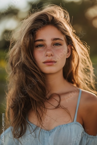 A woman with long, flowing hair stands in a sunlit outdoor setting, looking calm and serene, embodying natural beauty.