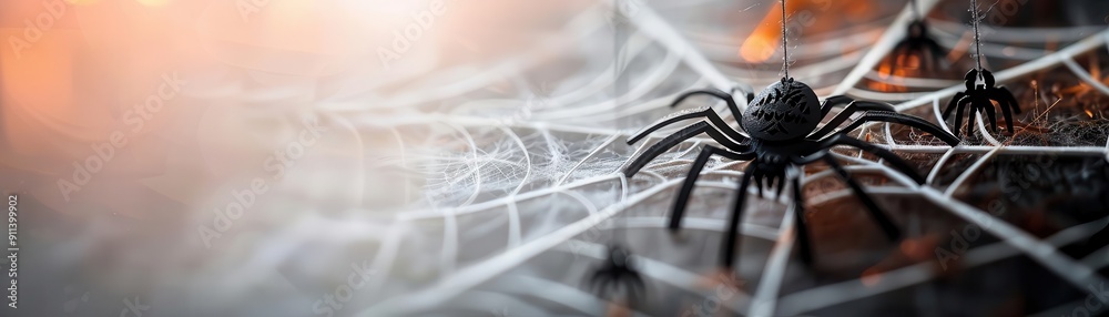 Intricate paper cut spiderweb with dangling spiders, Halloween background, creepy crawly decor Intricate paper cut spiderweb with dangling spiders, Halloween background, creepy crawly decor