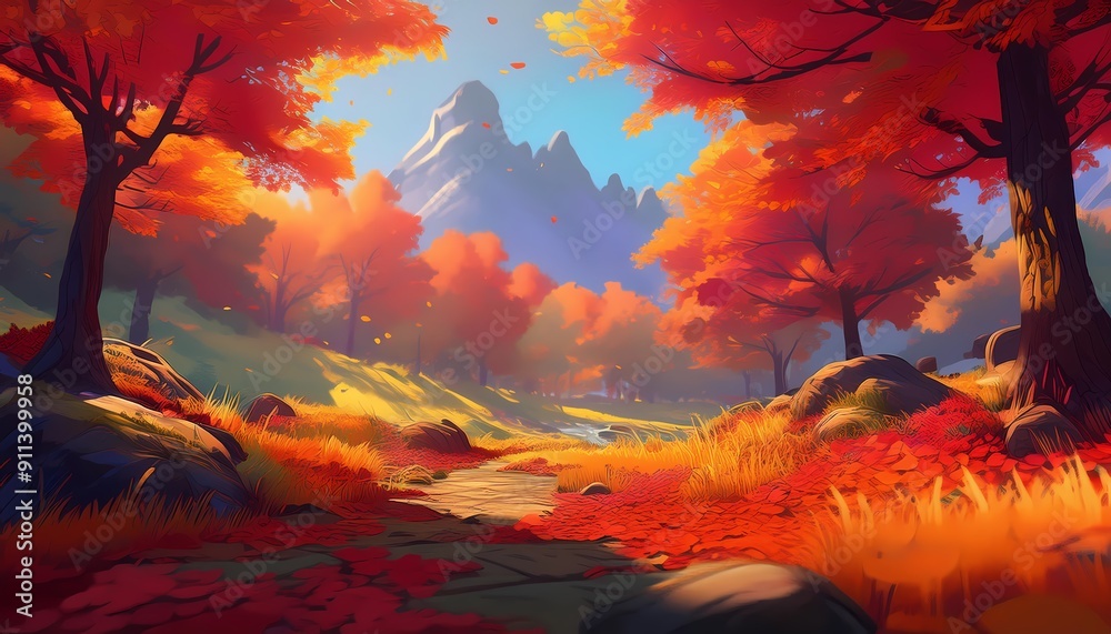 Captivating Autumn Landscape with Falling Leaves Captivating Autumn Landscape with Falling Leaves