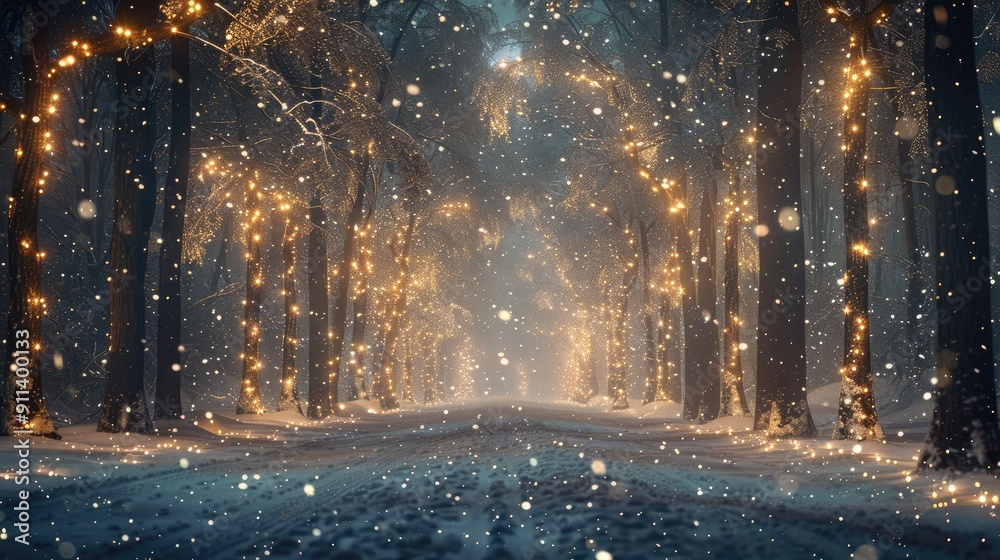 snow falling at night in a snowy dark forest with lights and stars snow falling at night in a snowy dark forest with lights and stars