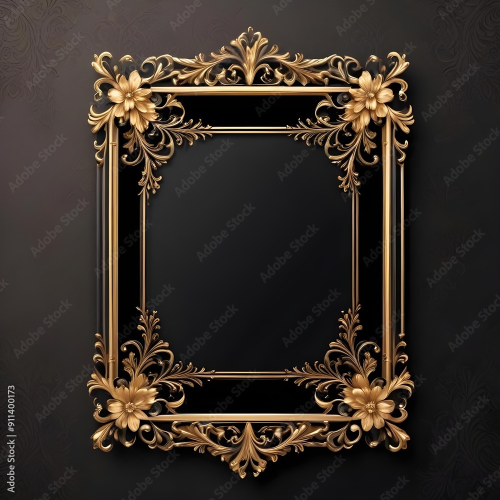 © Aaron - A black and gold ornate frame with intricate floral motifs and symmetrical designs for luxurious presentations or invitations © Aaron - A black and gold ornate frame with intricate floral motifs and symmetrical designs for luxurious presentations or invitations