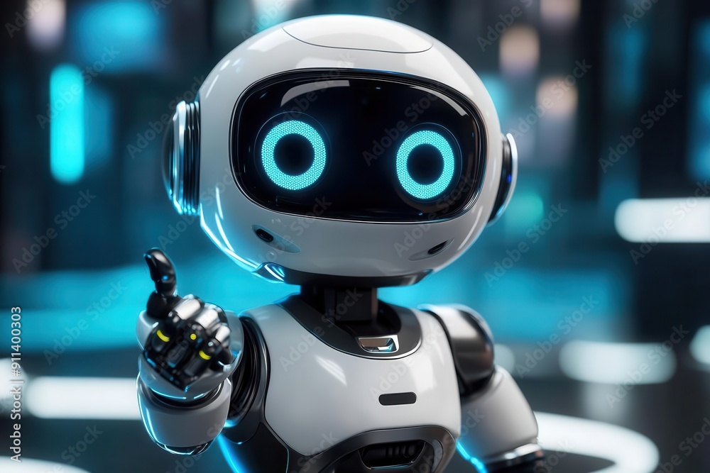 charismatic robot character with friendly led eyes gesturing towards empty space perfect for text or product placement set in futuristic environment with holographic accents charismatic robot character with friendly led eyes gesturing towards empty space perfect for text or product placement set in futuristic environment with holographic accents