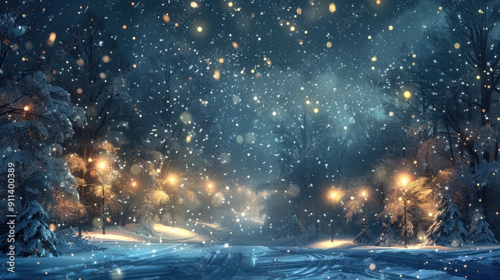 Obraz premium snow falling at night in a snowy dark forest with lights and stars