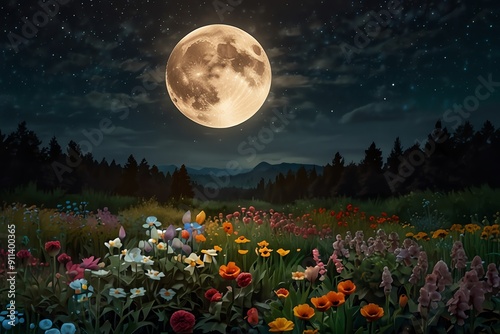 A field of colorful flowers bathed in moonlight.