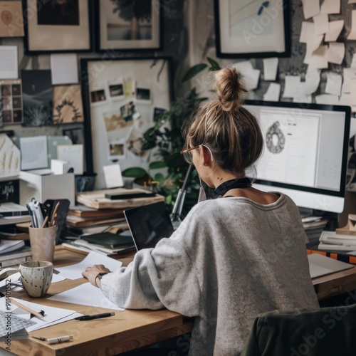 Woman organizing her workspace with digital tools.