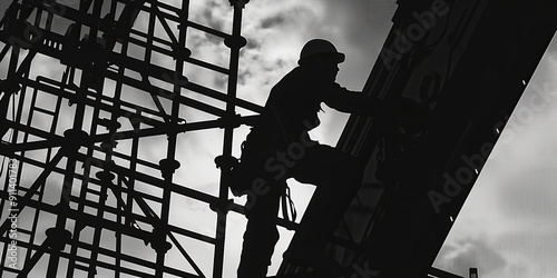 A construction worker silhouetted against a cloudy sky, climbing a scaffolding.