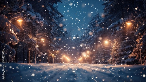 snow falling at night in a snowy dark forest with lights and stars