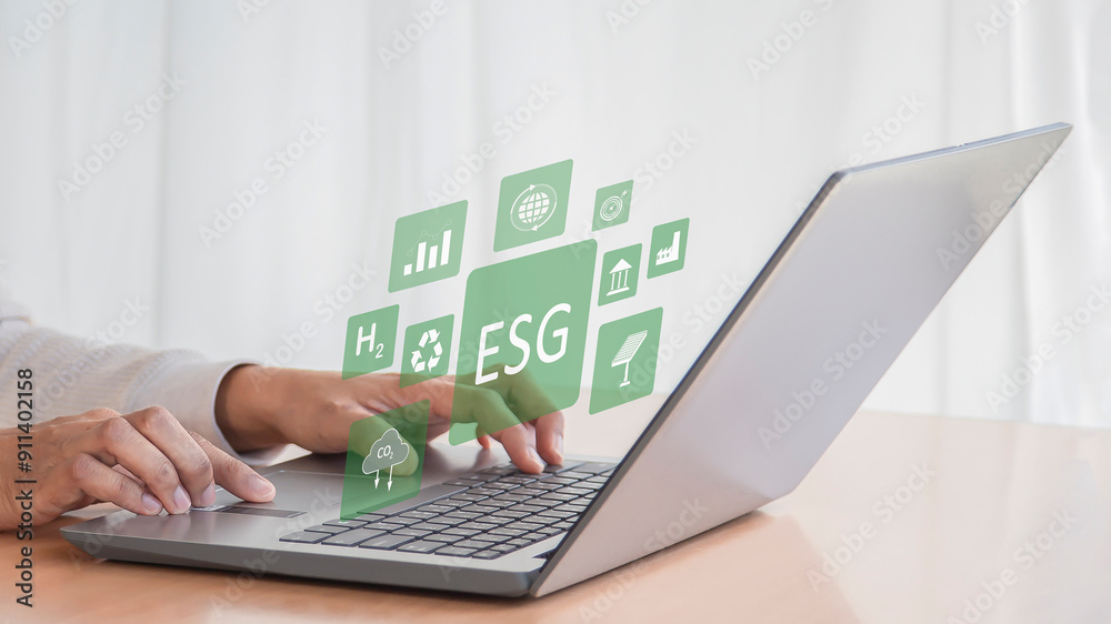 ESG, Environmental, Social and Governance Sustainable Industry of Business global warming reduction concept on green background ESG, Environmental, Social and Governance Sustainable Industry of Business global warming reduction concept on green background