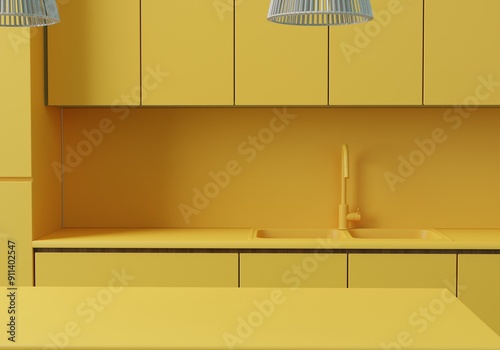 Fototapeta Naklejka Na Ścianę i Meble -  Yellow contemporary kitchen tabletop with empty space for your product display over beautiful monochromatic kitchen wall background. Minimal Colourful kitchen. 3d rendering.