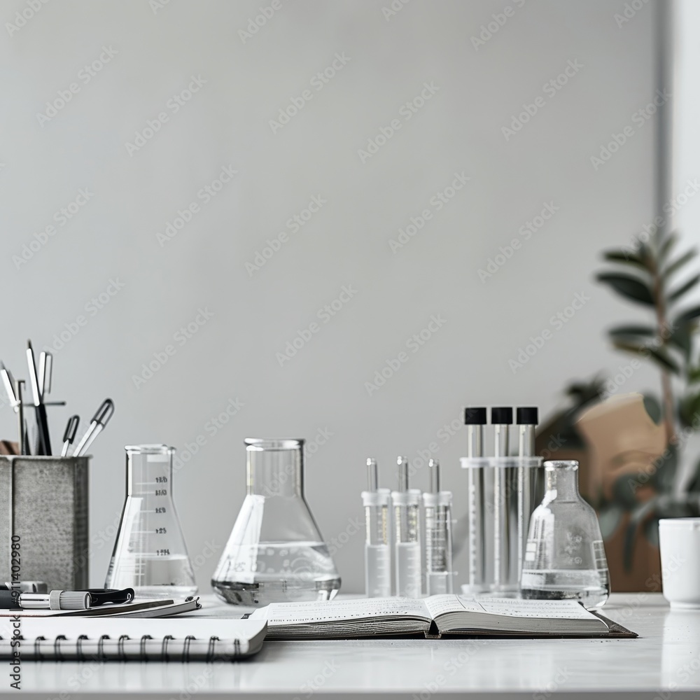 A clean, minimalist workspace with beakers, test tubes, and a notebook, suggesting scientific research or laboratory setting. A clean, minimalist workspace with beakers, test tubes, and a notebook, suggesting scientific research or laboratory setting.