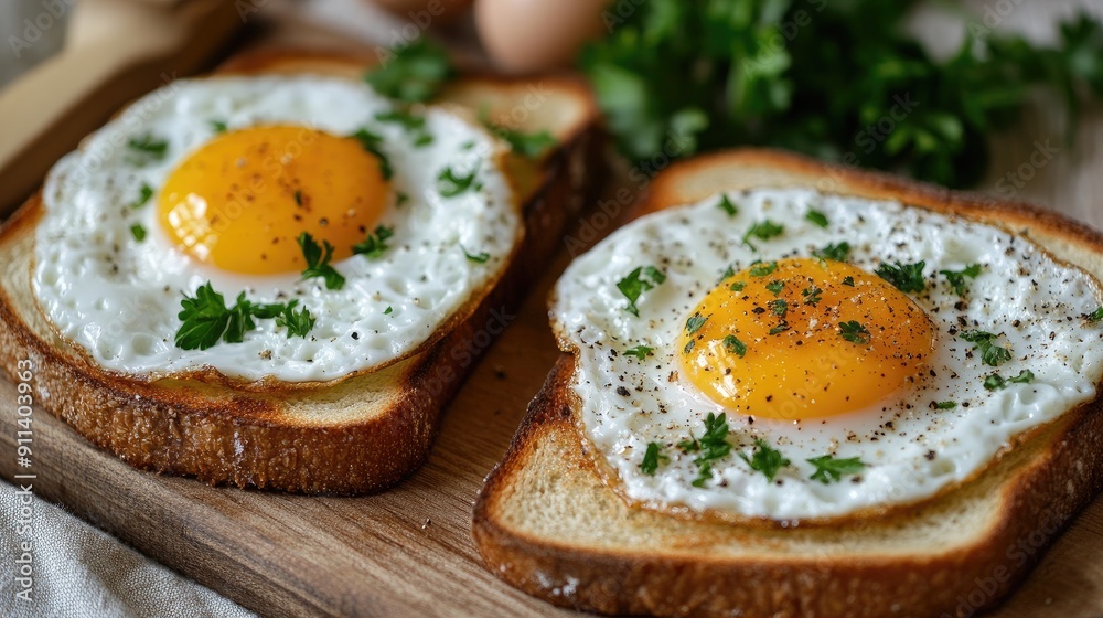Two slices of toast with fried eggs and parsley, beautifully composed on a table Two slices of toast with fried eggs and parsley, beautifully composed on a table