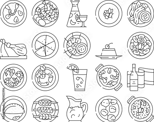 spanish cuisine food spain paella icons set vector. dish mediterranean, tortilla onion, omelet table, mussel gourmet, olive, traditional spanish cuisine food spain paella black contour illustrations