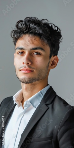 Portrait of a Confident Young Man in a Black Suit and White Shirt