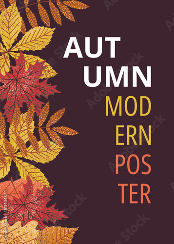 Modern autumn poster with vibrant leaves on dark background. Perfect for seasonal designs, greeting cards, and digital projects. Warm, inviting fall theme with colorful leaf illustrations.