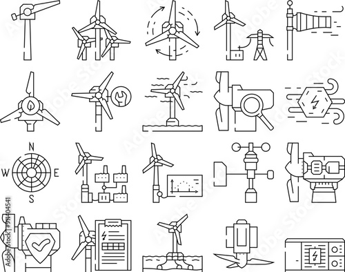 wind energy power turbine icons set vector. farm renewable, sustainable industry, electric generator, green environment, mill wind energy power turbine black contour illustrations