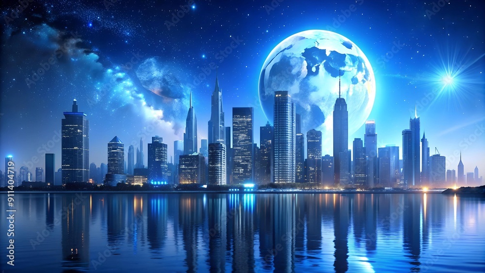 Obraz premium Celestial Reflection: A Blue Moon Illuminates a Futuristic Metropolis Generative AI