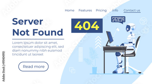 Server not found webpage template. Computerized broken links detection. Robot, cyborg informing about page lost connection problem. 404 error notification landing page with text space