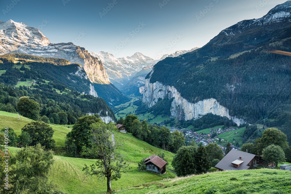 View from Wengen mountain village on bernese oberland and Lauterbrunnen valley in the evening at Switzerland View from Wengen mountain village on bernese oberland and Lauterbrunnen valley in the evening at Switzerland