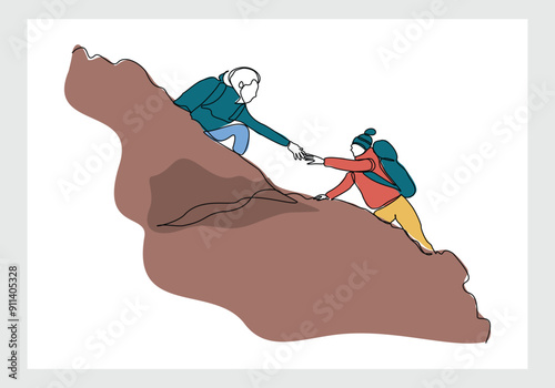 Continuous single line sketch drawing group of people man woman helping each other hike up a mountain. One line art business, success, leadership, achievement and goal