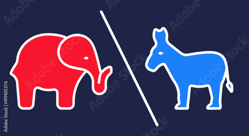 A banner with a blue donkey on the left and a red elephant on the right, separated by a diagonal line, symbolizing the opposition between the Democratic and Republican parties in the United States.