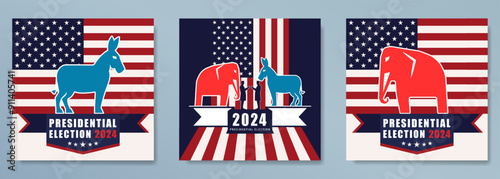 Poster for 2024 U.S. Presidential Election with American flag, a red elephant - Republican, and a blue donkey - Democrat. Two silhouettes in the center represent the political debate between parties