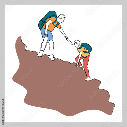 Continuous single line sketch drawing group of people man woman helping each other hike up a mountain. One line art business, success, leadership, achievement and goal