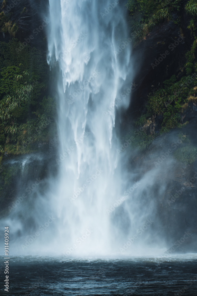 Moody waterfall flowing in tropical rainforest at Milford Sound Moody waterfall flowing in tropical rainforest at Milford Sound