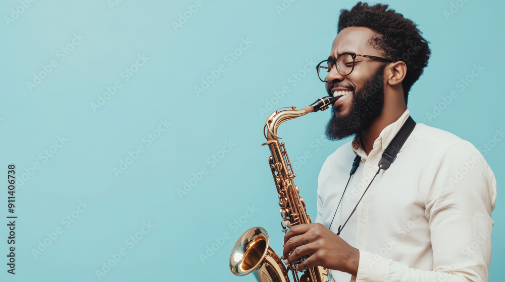 Fototapeta premium Joyful man playing a saxophone with a bright smile on a blue background, highlighting his musical skills and happy demeanor.