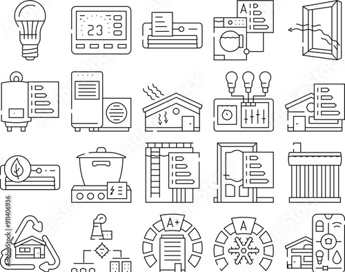energy efficient technology home icons set vector. house building, technology efficient green power, solar electricity, eco environment energy efficient technology home black contour illustrations