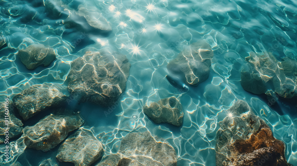 shimmering sun glares on shallow aqua sea water, top view, see rocks through shimmering sun glares on shallow aqua sea water, top view, see rocks through
