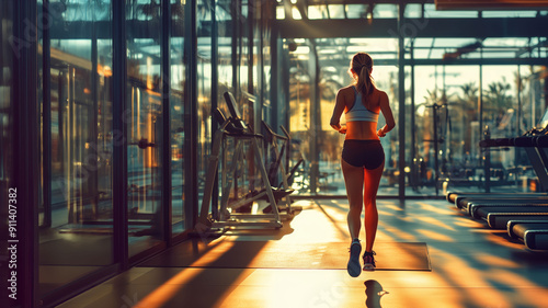 Woman jogging in a sunlit gym filled with modern equipment, highlighting her fitness routine and the warm morning ambiance.