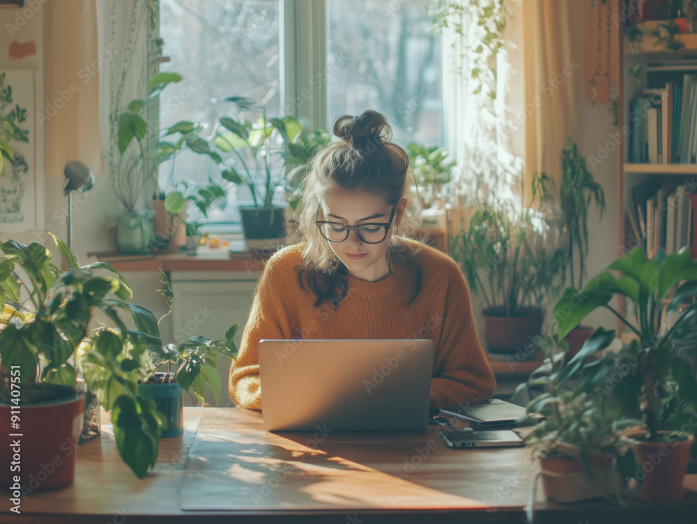 Young woman wearing glasses working on a laptop in a plant-filled home office, focused and surrounded by natural light. Young woman wearing glasses working on a laptop in a plant-filled home office, focused and surrounded by natural light.