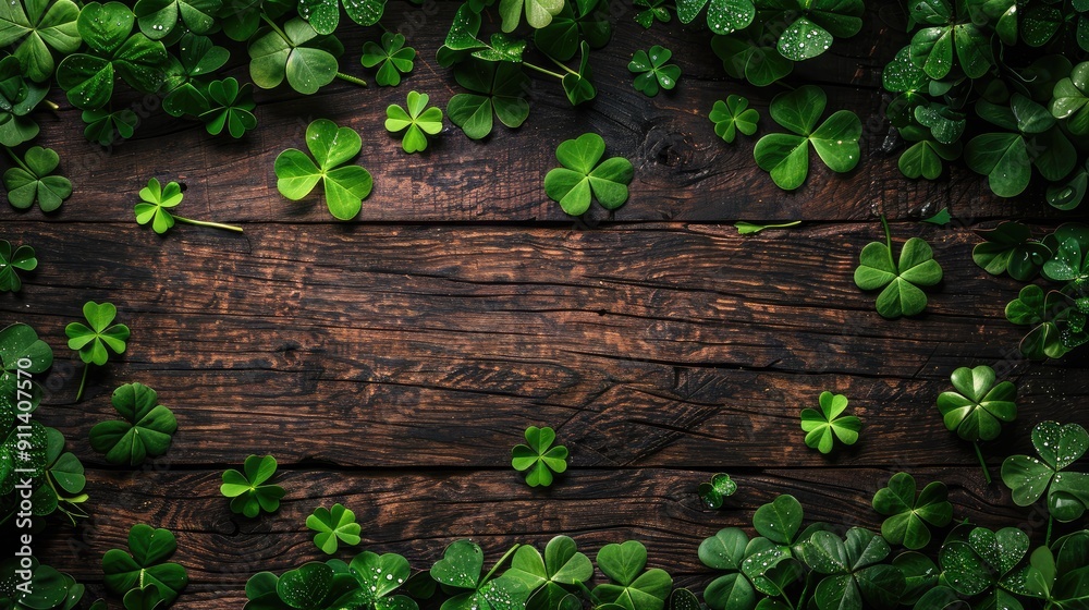 St. Patrick's Day shamrocks scattered across a rustic wooden table