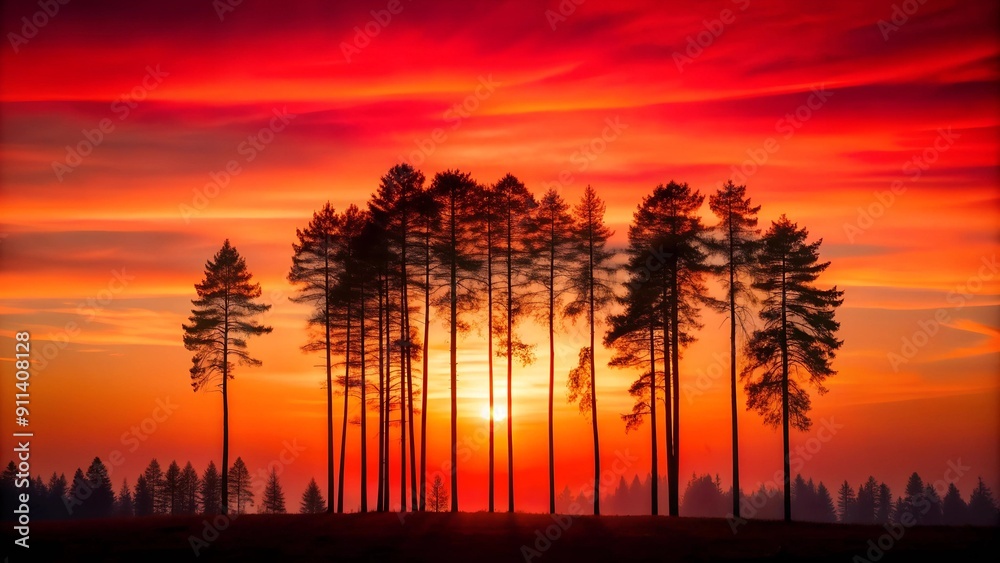 Silhouettes of Serenity: A Symphony of Tall Trees Against a Crimson Sunset AI Generated Silhouettes of Serenity: A Symphony of Tall Trees Against a Crimson Sunset AI Generated
