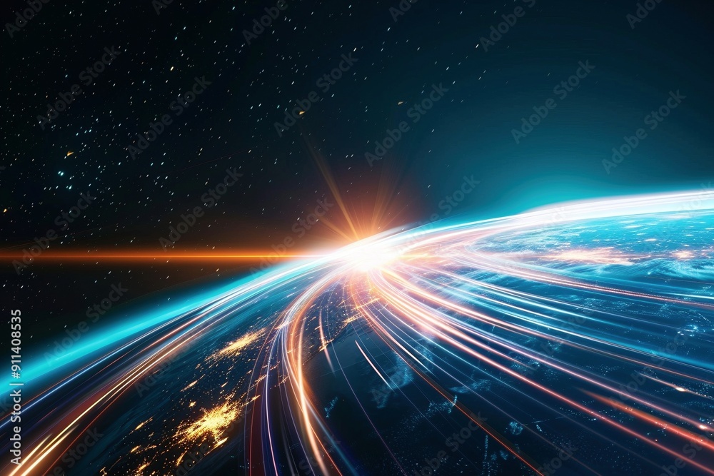 Obraz premium Futuristic Expedition: An illustration of space travel at the speed of light, characterized by bright streaks and a deep space background, highlighting the advanced technology and limitless possibilit