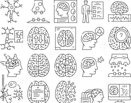 neuroscience brain doctor medical icons set vector. research computer, technology science, neurosurgery sleep, health neurology, mind neuroscience brain doctor medical black contour illustrations