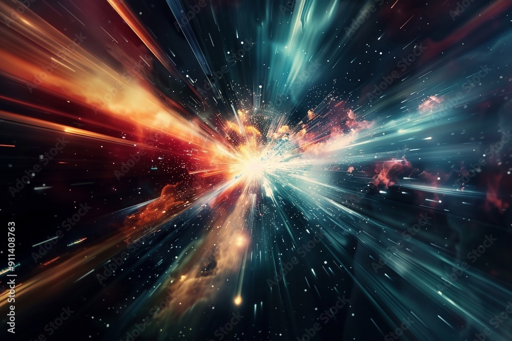 Naklejka premium Futuristic Expedition: An illustration of space travel at the speed of light, characterized by bright streaks and a deep space background, highlighting the advanced technology and limitless possibilit