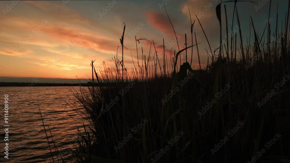 Sunset on the lake, sunlight and clouds. Slow motion