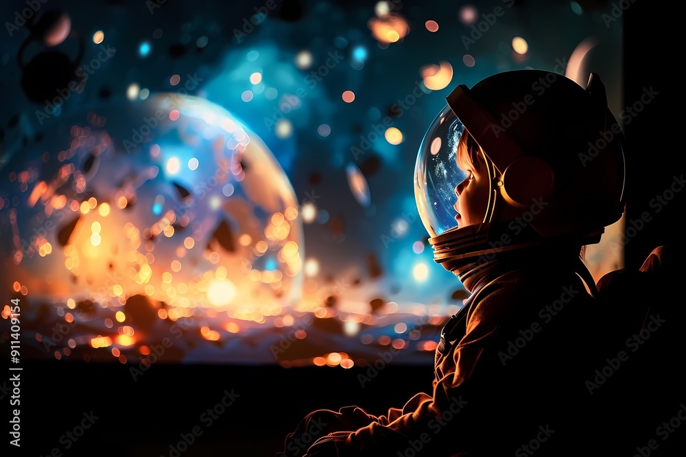 A child dressed as an astronaut gazes at the vibrant wonders of outer space, inspiring dreams of cosmic exploration. A child dressed as an astronaut gazes at the vibrant wonders of outer space, inspiring dreams of cosmic exploration.