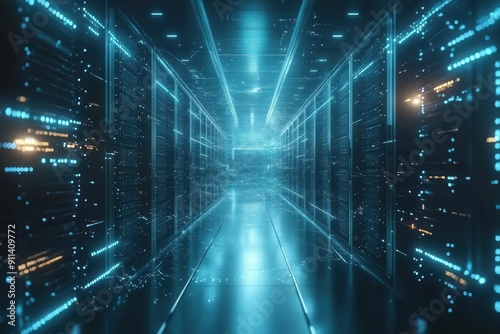 digital connectivity futuristic server room with holographic network visualization representing advanced data management and global communication