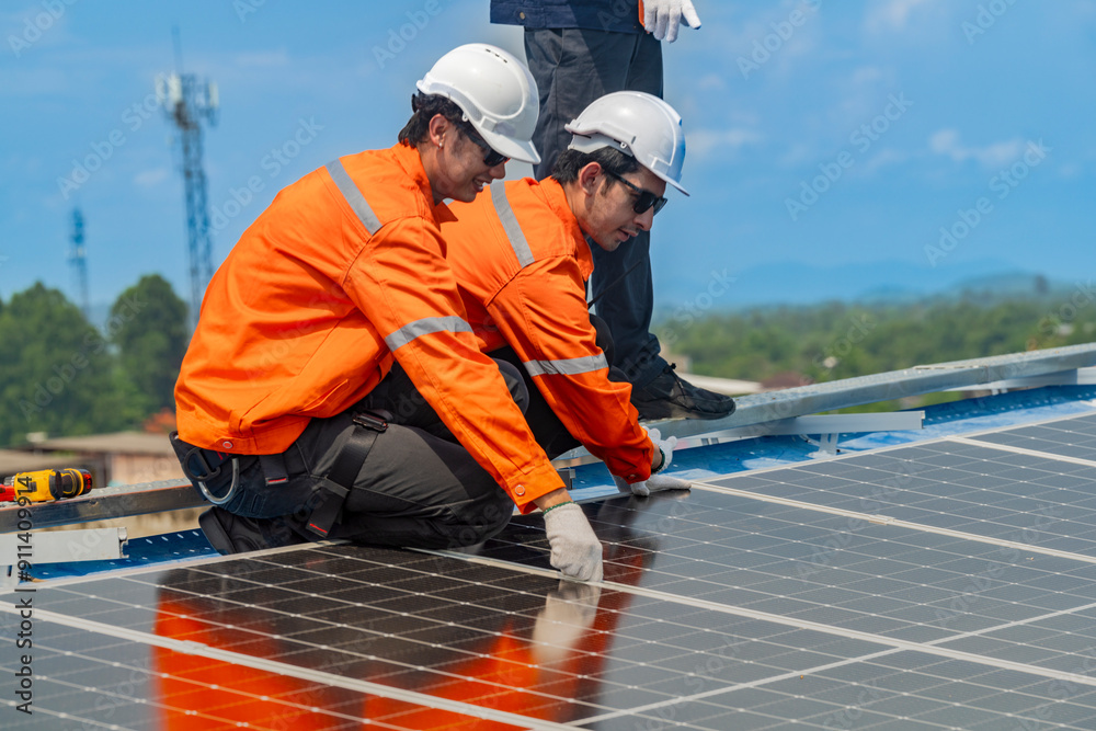 Worker Technicians are working to construct solar panels system on roof. Installing solar photovoltaic panel system. Men technicians walking on roof structure to check photovoltaic solar modules. Worker Technicians are working to construct solar panels system on roof. Installing solar photovoltaic panel system. Men technicians walking on roof structure to check photovoltaic solar modules.