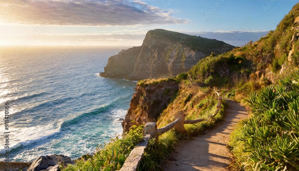 Obraz premium Sunlit Cliffside Path with Stunning Ocean Views
